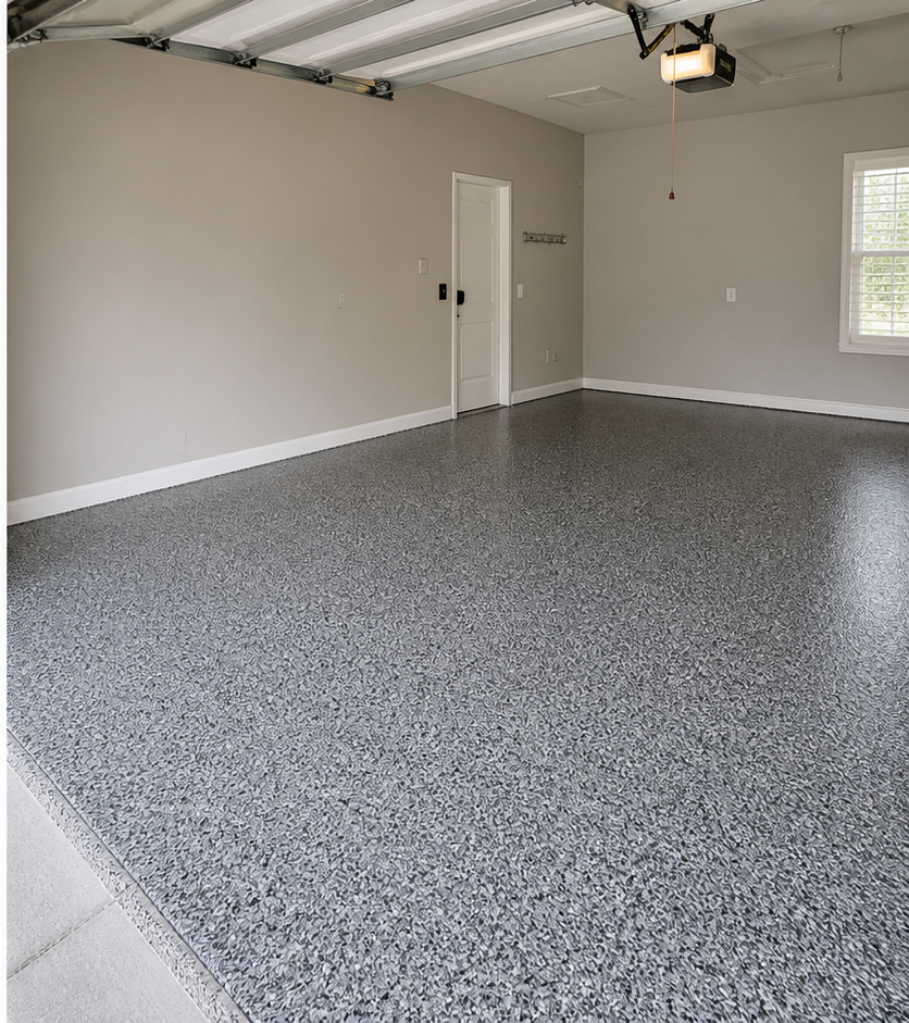 Illustrative finished garage floor with decorative flake coating