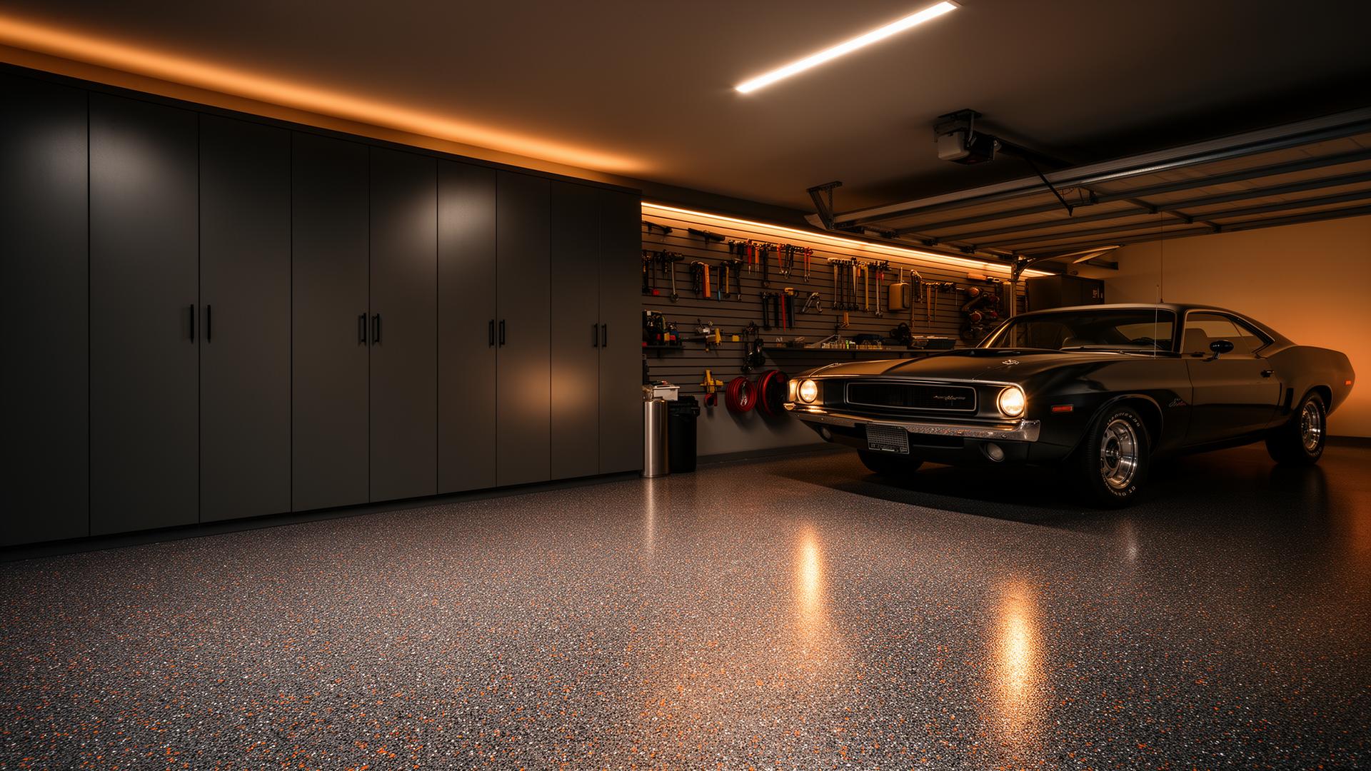 Illustrative finished garage design with organized storage and a refined floor