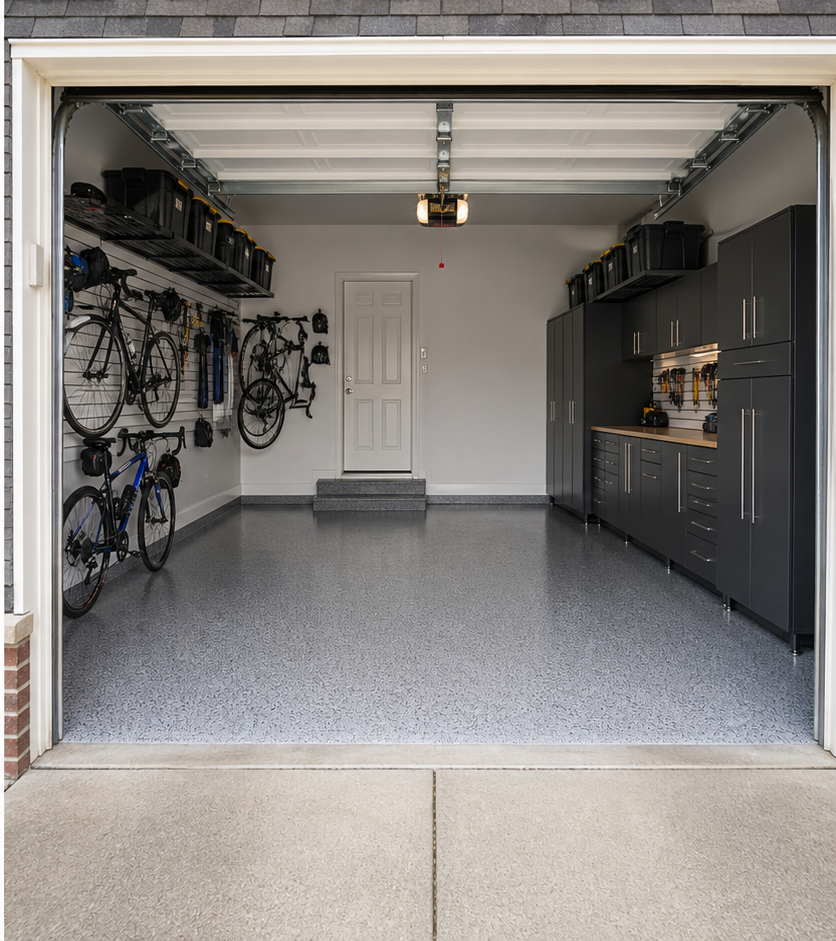 Illustrative organized garage storage with cabinets and wall systems